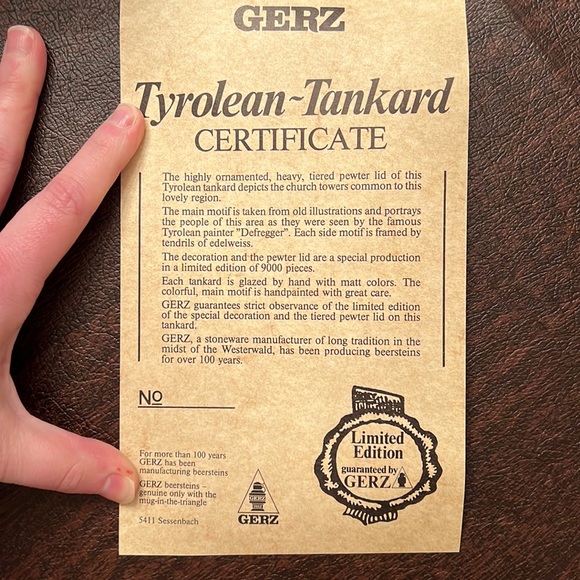 Vintage Gerz Tyrolean Tankard Limited Edition Pewter Lidded German Beer Stein - Picture 8 of 8